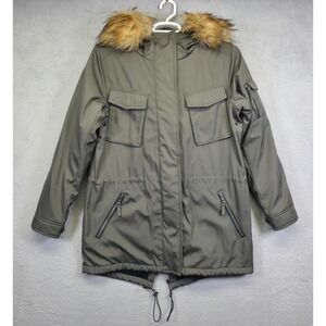 S13 Parka Coat Womens XL Green Faux Fur Trim Insulated Utility Winter Commute